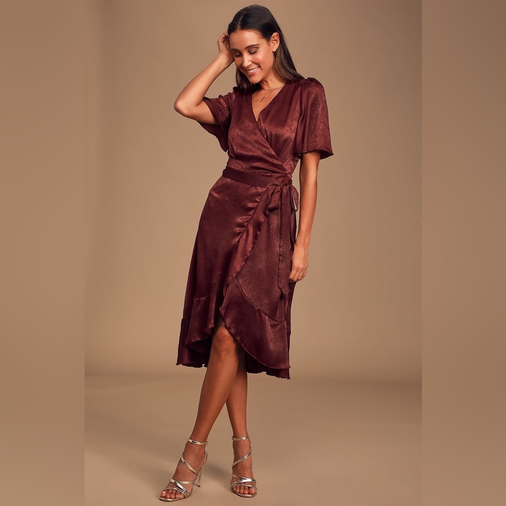 LULUS Wrapped Up In Love Burgundy Satin Faux-Wrap Midi Dress
